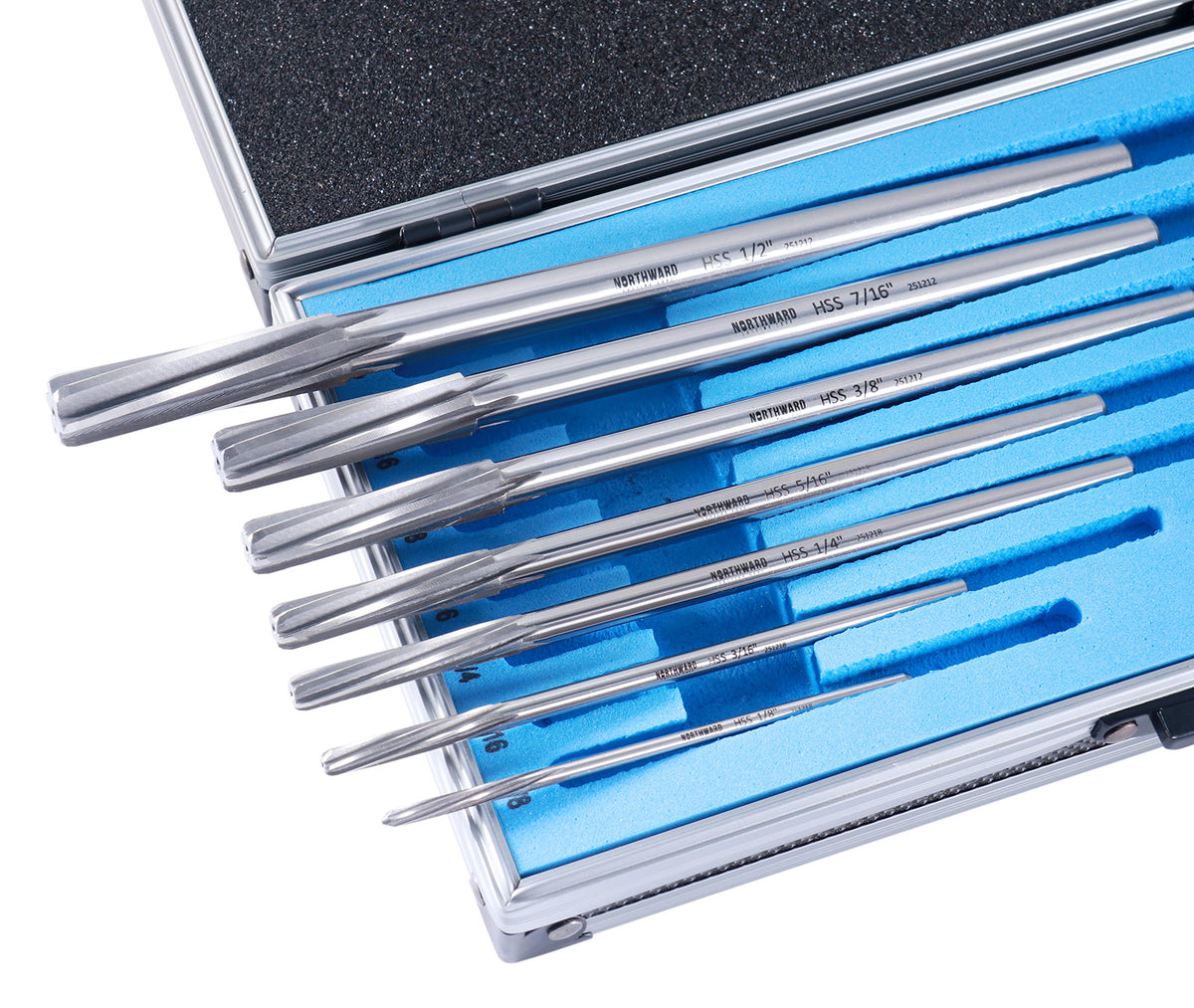 Northward Cutting Edge Fractional Sizes 1/8" Thru 1/2" by 16th ANSI HSS M2 Premium Chucking Reamer Set, Spiral Flute, Right Hand Cut, 7pcs/Set, 5528-0700