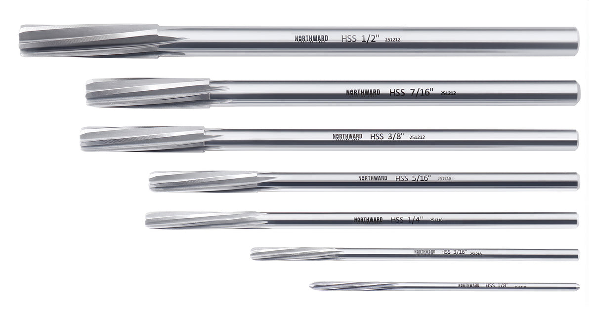 Northward Cutting Edge Fractional Sizes 1/8" Thru 1/2" by 16th ANSI HSS M2 Premium Chucking Reamer Set, Spiral Flute, Right Hand Cut, 7pcs/Set, 5528-0700