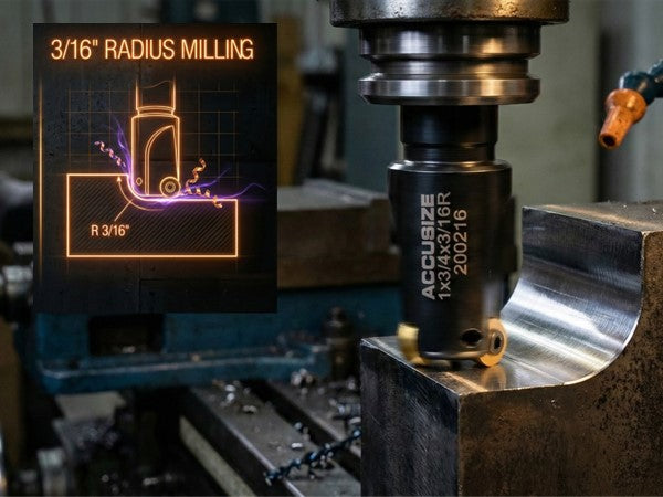 Accusize Little Hogger end mill performing 3/16 inch radius milling on steel workpiece with carbide insert, showing corner rounding operation and chip formation