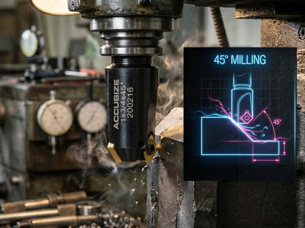 Accusize Little Hogger 45 degree indexable end mill cutting angled surface on steel block with carbide insert, demonstrating chamfer milling operation
