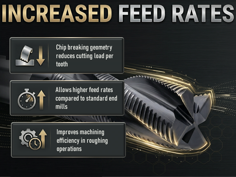 Roughing end mill serrated geometry chip breaking design enabling higher feed rates reduced cutting load and improved machining efficiency