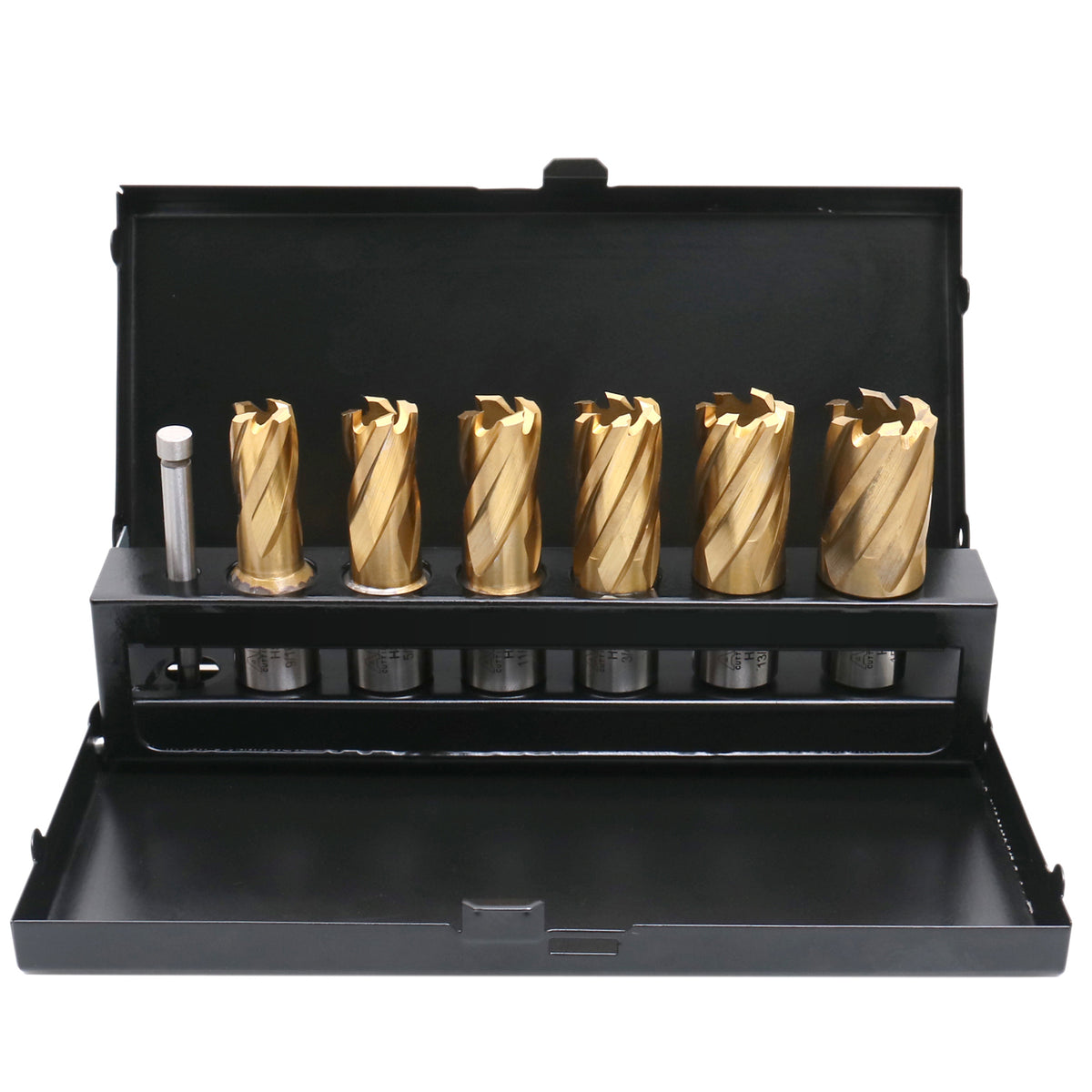 9/16" to 15/16", 7 pc TiN Coated H.S.S. Annular Cutter Set, 3/4'' Weldon Shank, 1'' Cutting, Plus a Pilot Pin, BC01-1000