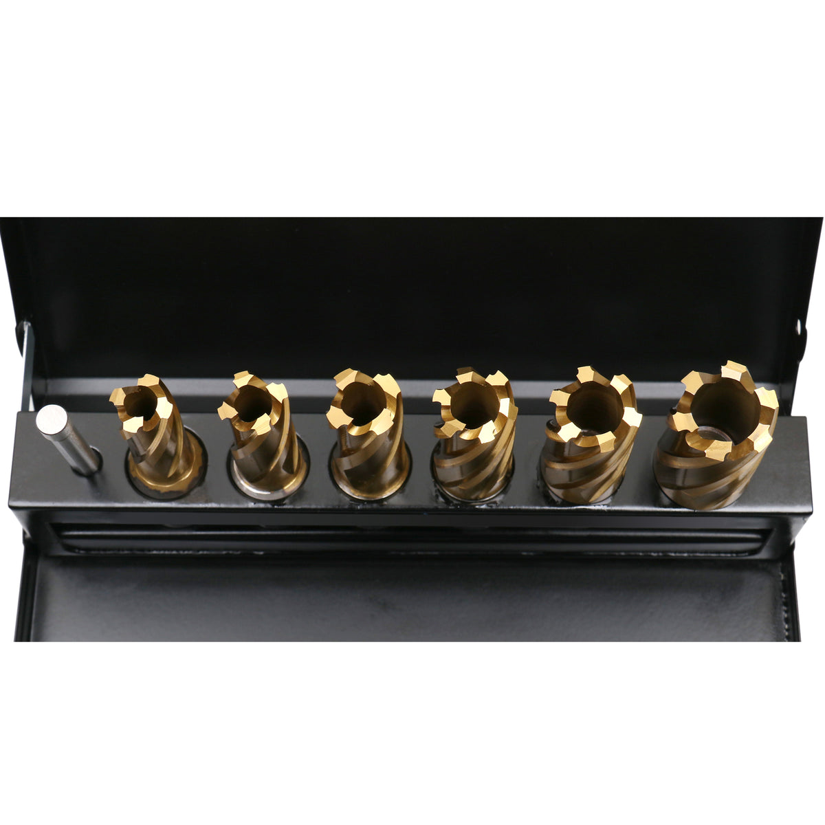 9/16" to 15/16", 7 pc TiN Coated H.S.S. Annular Cutter Set, 3/4'' Weldon Shank, 1'' Cutting, Plus a Pilot Pin, BC01-1000