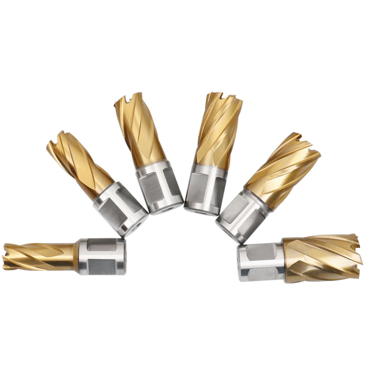 9/16" to 15/16", 7 pc TiN Coated H.S.S. Annular Cutter Set, 3/4'' Weldon Shank, 1'' Cutting, Plus a Pilot Pin, BC01-1000