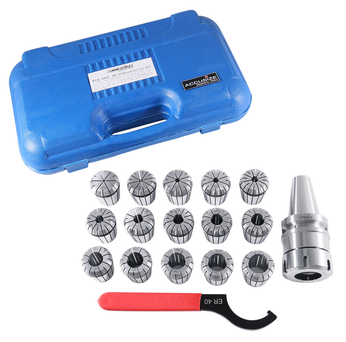 BT40 Shank + 15 Pcs ER40 Collet Set + Wrench in Fitted Strong Box, BT40-ER40
