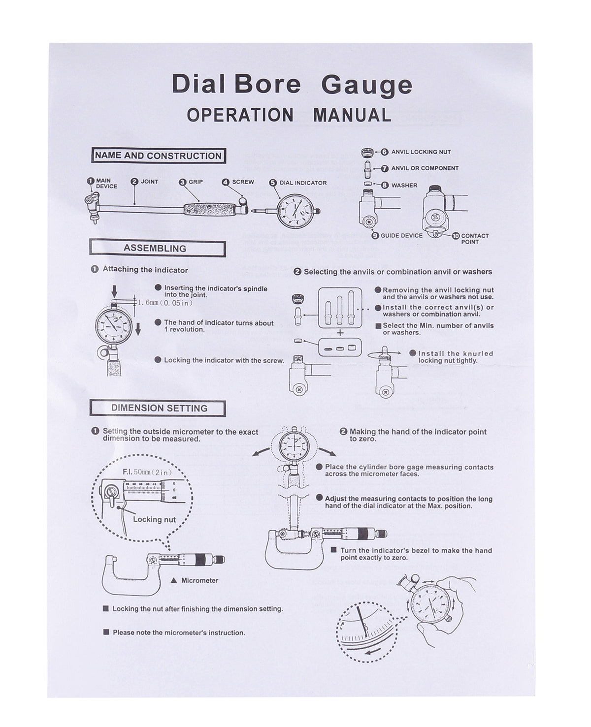 Operation Manual of Accusize Dial Bore Gauge Set, 1.4-6 inch Measuring Range, 0.0005'' Graduation Interval, EE20-1406
