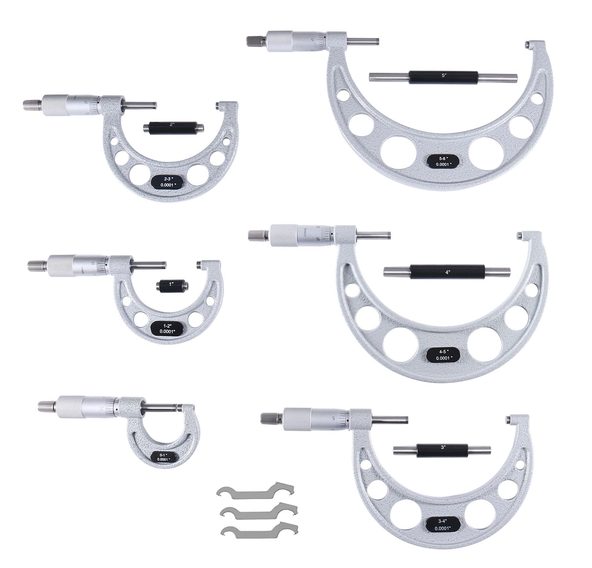 0-6" 6 Ultra-Precision M-Type Outside Micrometers plus 1 pc Dial Bore Gauge, 1.4-6" X 0.0005" Graduation Interval, EG00-0906+EE20-1406