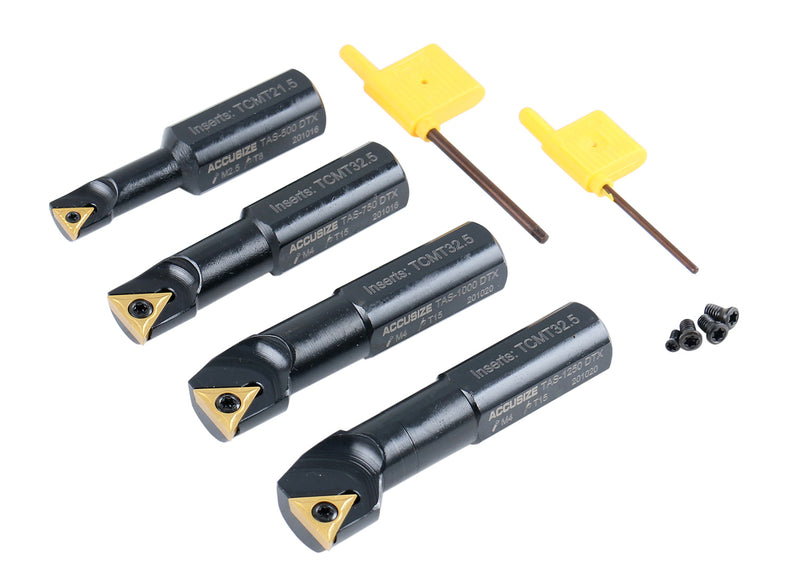3/4" 4pc Indexable Stubby Length Boring Bar Set, w/Carbide TiN Coated TCMT Inserts and Extra Screws, EJ99-2180