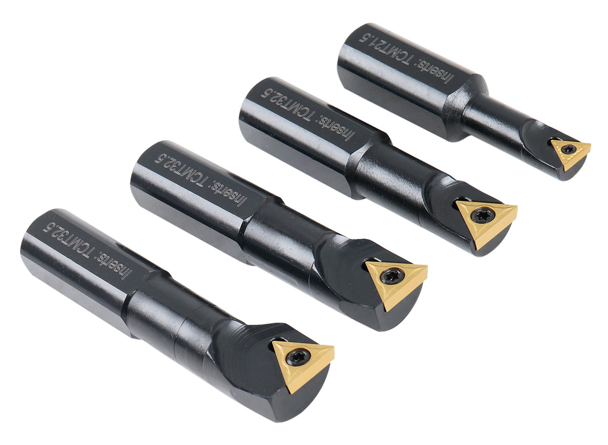 3/4" 4pc Indexable Stubby Length Boring Bar Set, w/Carbide TiN Coated TCMT Inserts and Extra Screws, EJ99-2180