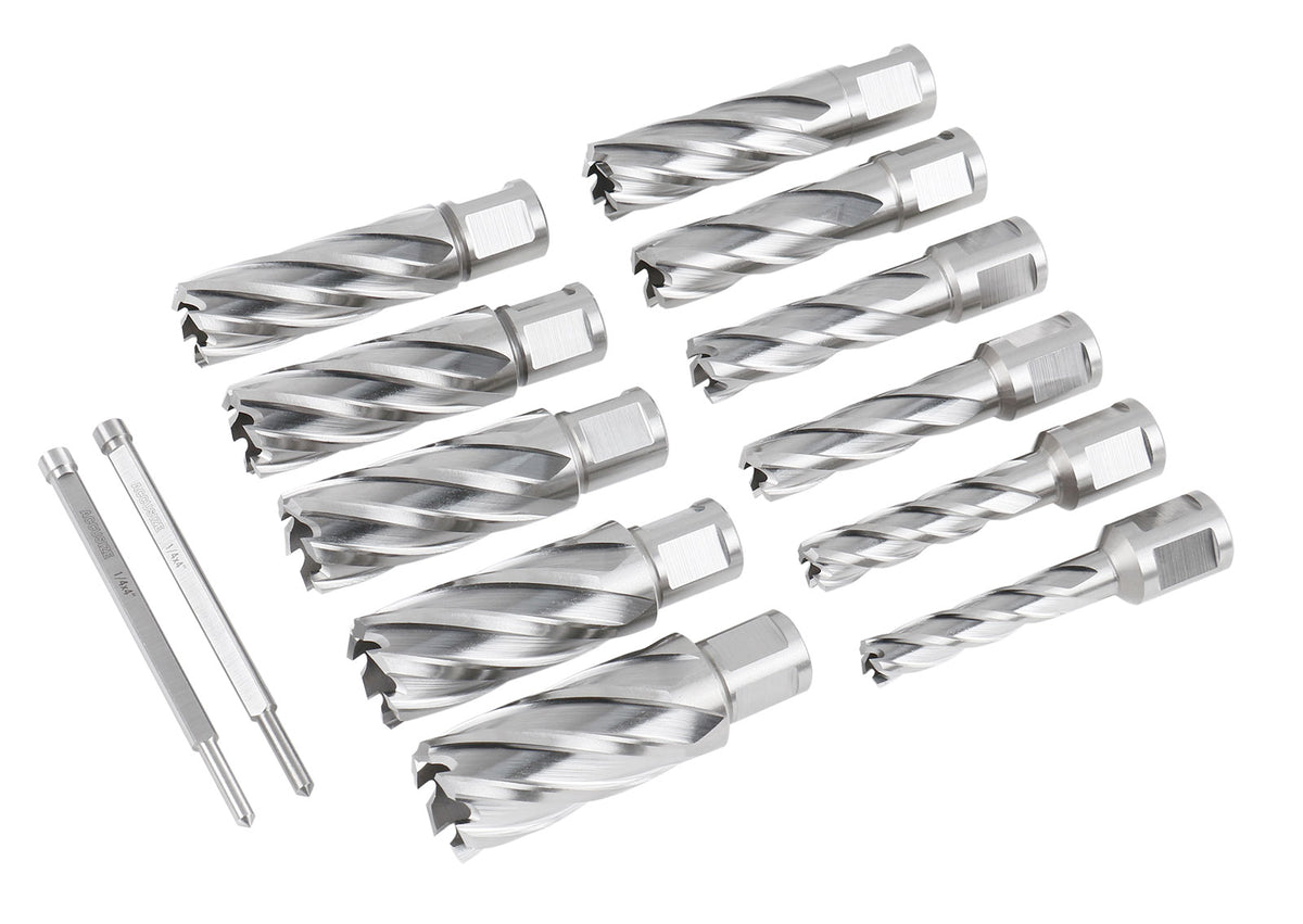 13 Pc 7/16'' to 1-1/16'' H.S.S. Annular Cutters, 2'' Cutting Depth, 3/4'' Weldon Shank, with 2 Pilot Pins, Strong Case, N2