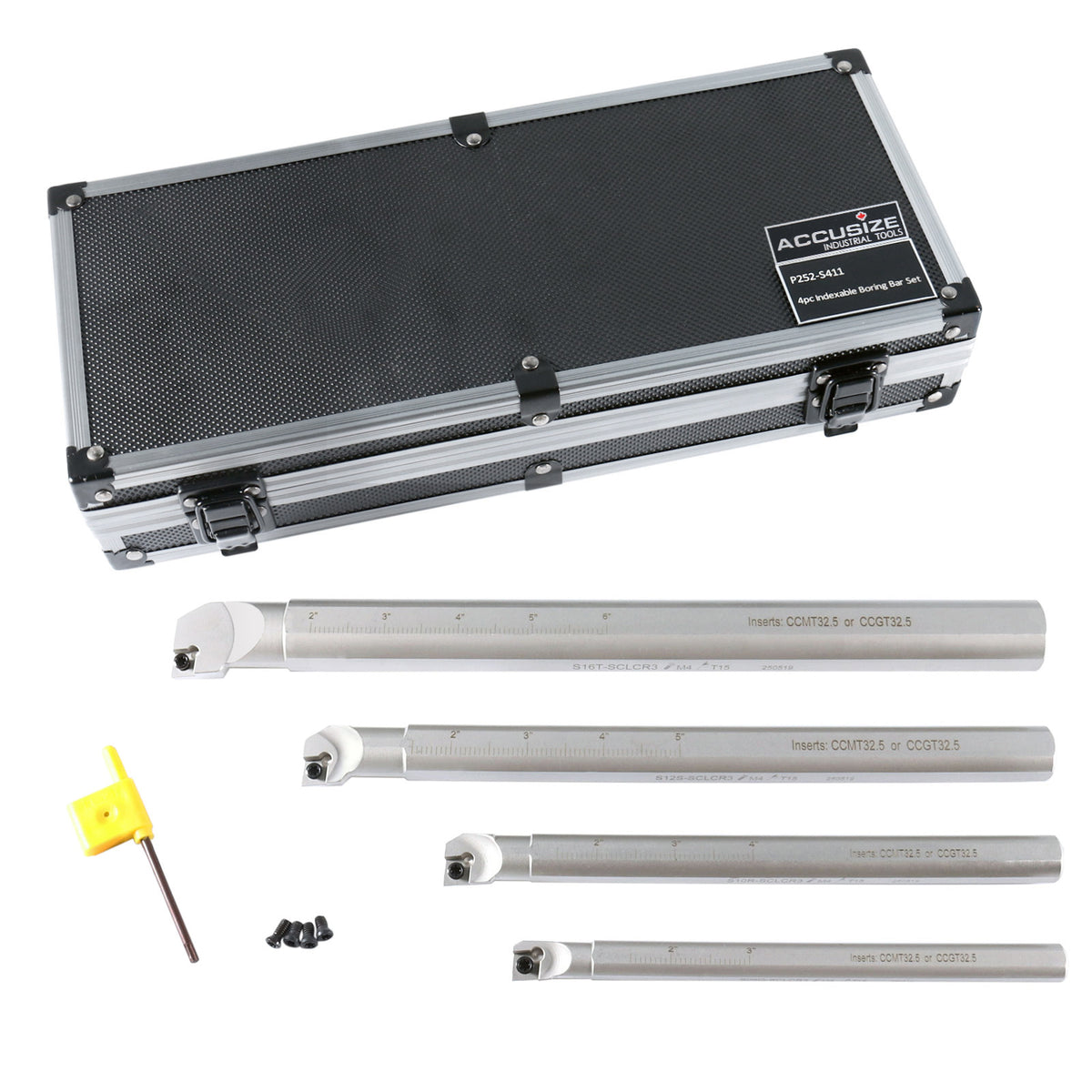 Sclcr 4 Pc Indexable Boring Bar Set, Without Inserts, Working with Ccmt 32.5 and Cctg 32.5 Inserts, 1/2", 5/8", 3/4", & 1",P252-S411