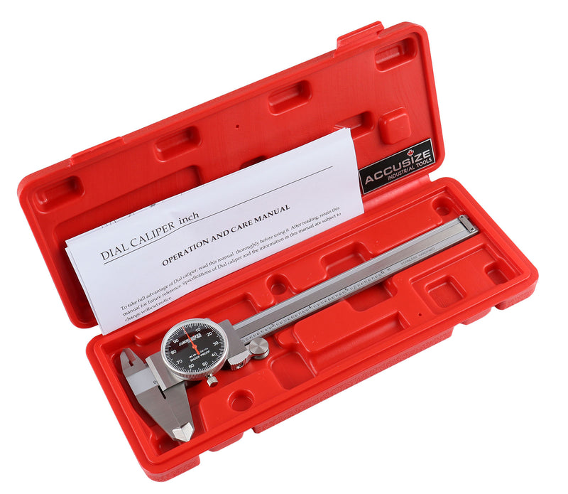 0-6" x 0.001" (Range x Resolution) Dial Caliper, Black Face Red Needle, Stainless Steel in Fitted Box, P920-B216
