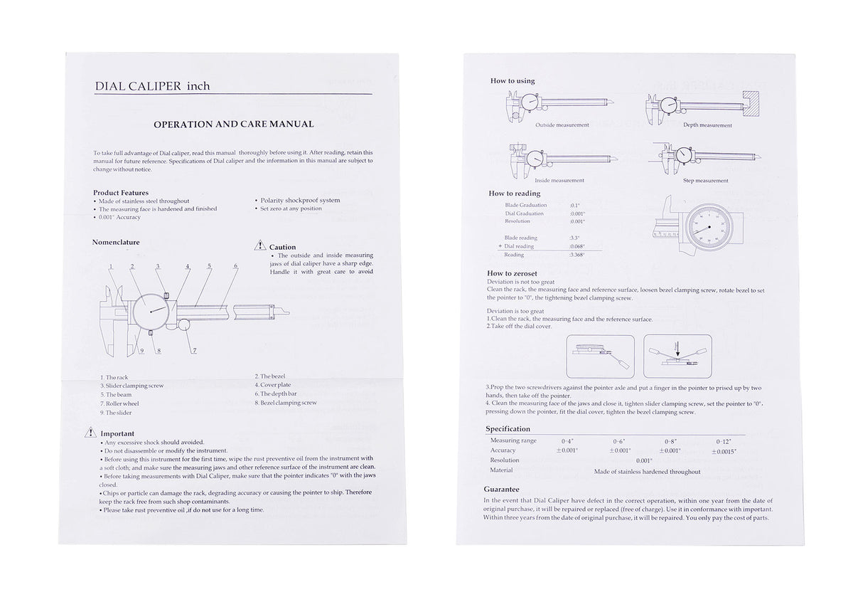 0-12 inch by 0.001 inch Precision Dial Caliper, Stainless Steel, in Fitted Box, P920-S212