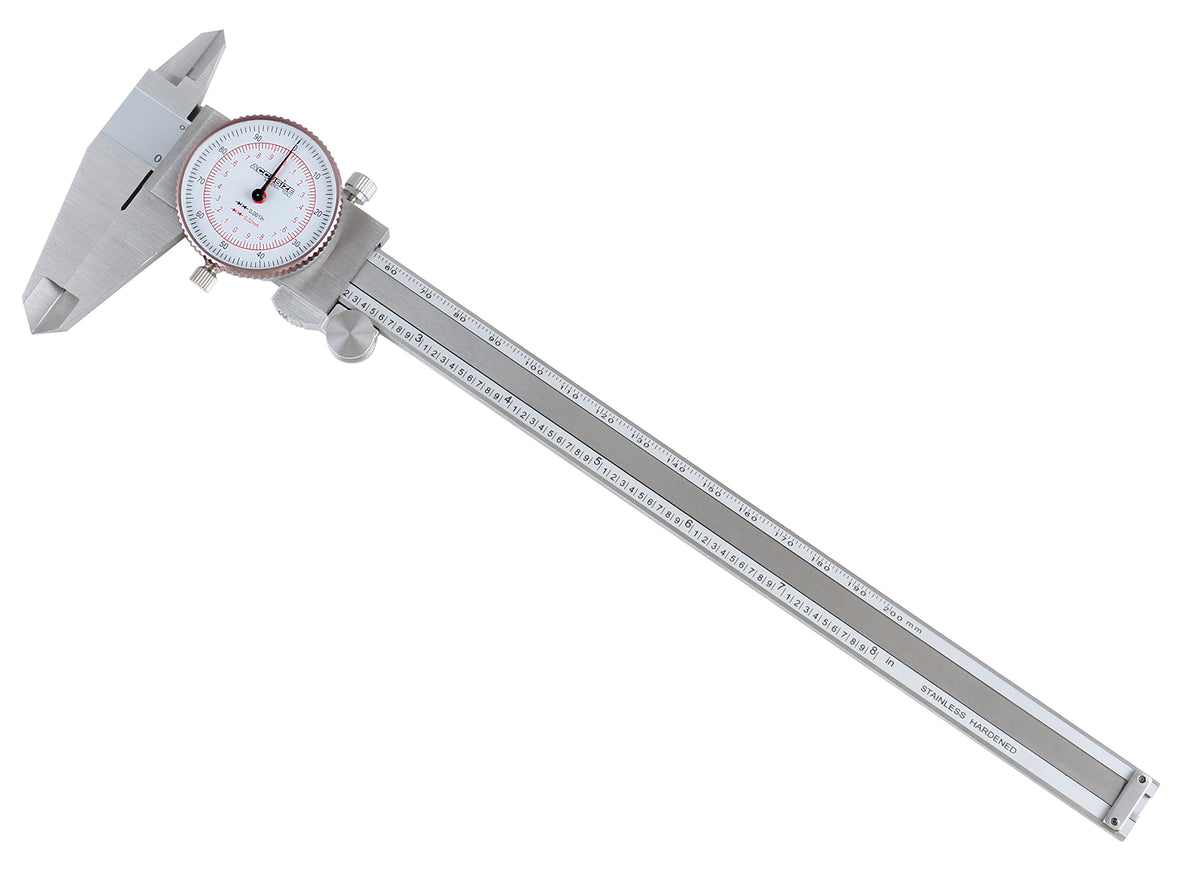 8''/200 mm by 0.001''/0.02 mm Dual Needle Precision Dial Caliper Stainless Steel in Fitted Case, Imperial/Metric, P920-S238