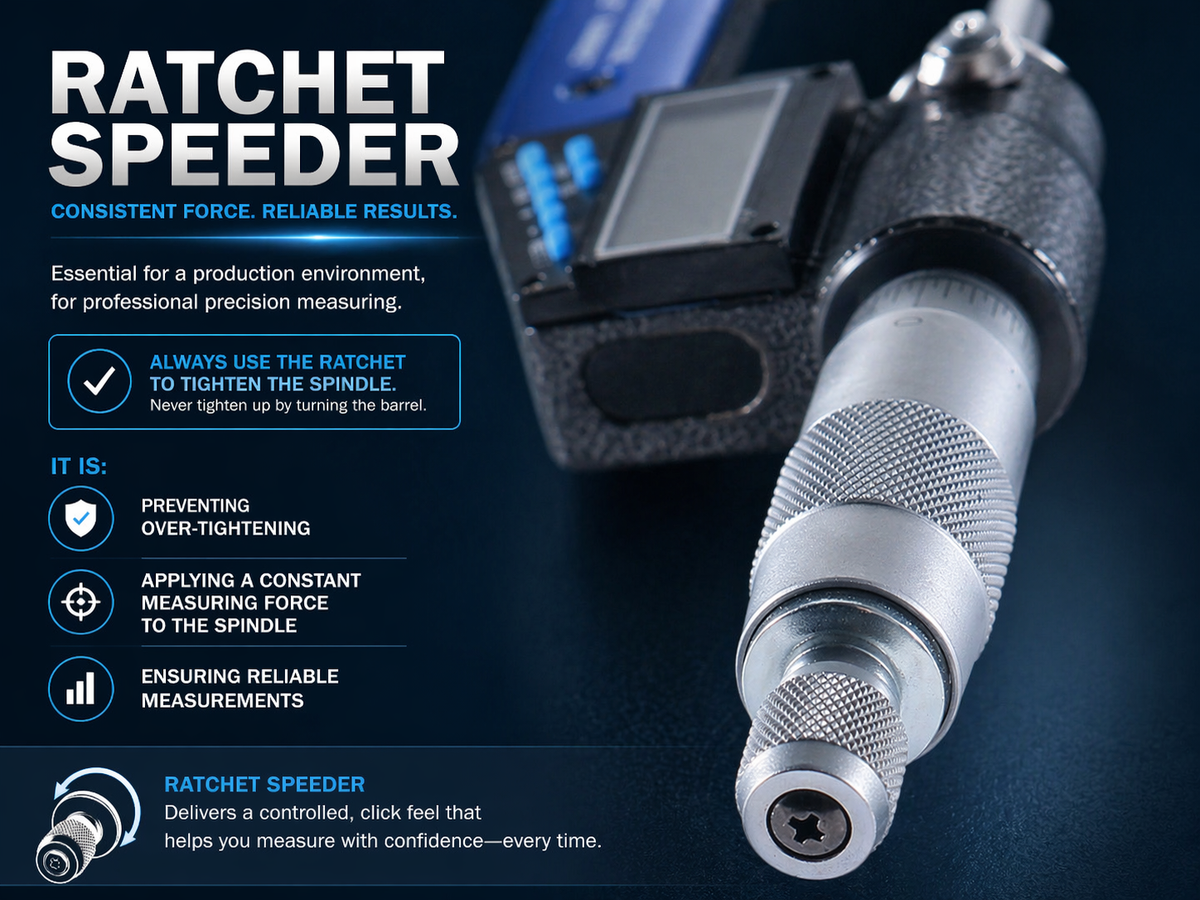 Digital micrometer ratchet speeder ensures constant measuring force, prevents over-tightening, improves accuracy