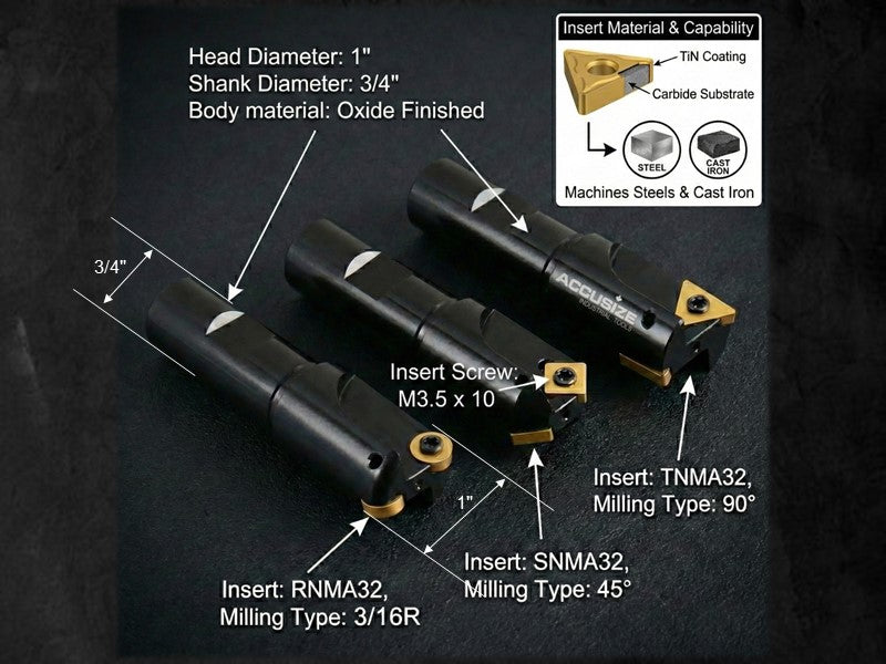 Accusize 3 piece Little Hogger end mill set with 1 inch head and 3/4 inch shank, showing 90 degree 45 degree and 3/16 radius cutters with carbide inserts for steel and cast iron machining
