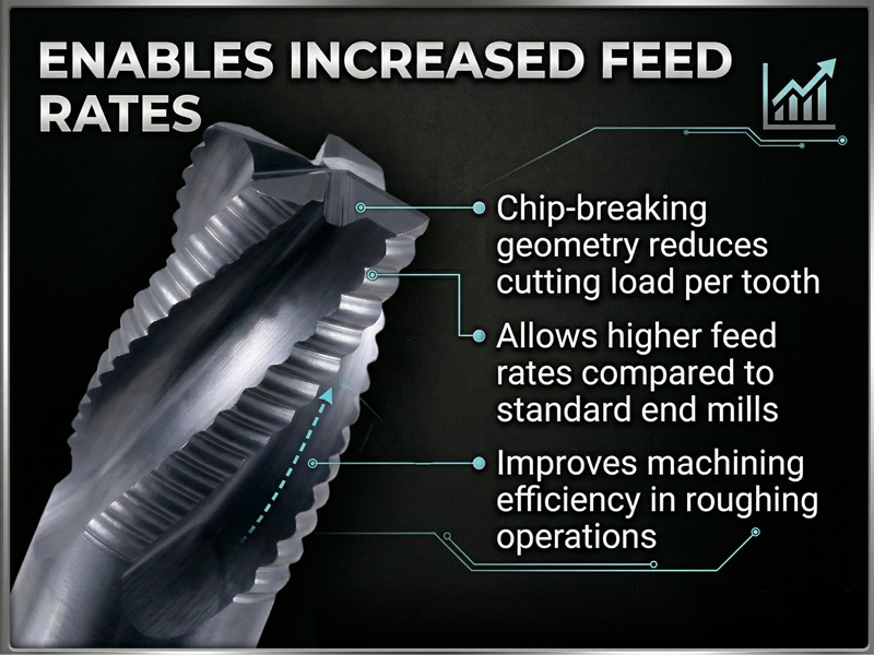 Detailed view of the chip-breaking geometry on an M42 roughing end mill that enables increased feed rates and improves machining efficiency.