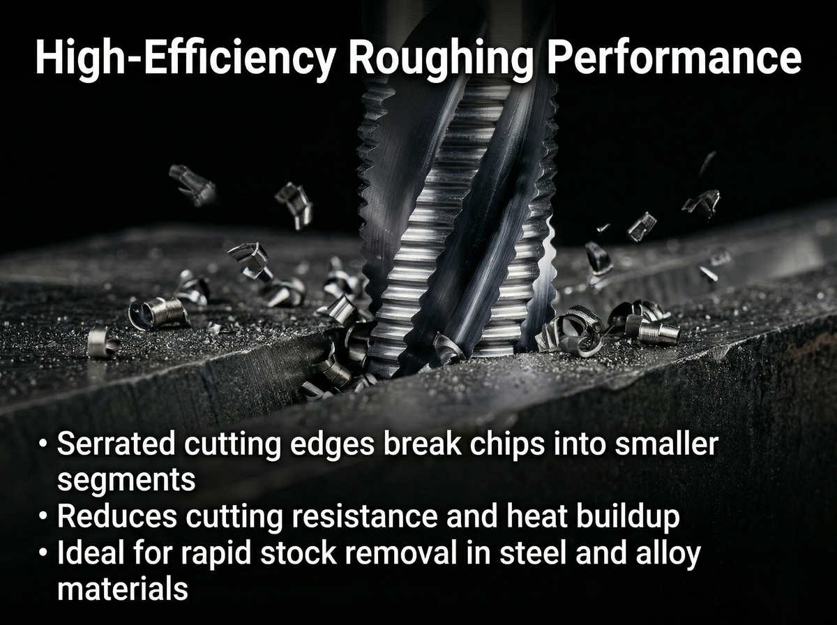 Close-up of serrated cutting edges on a roughing end mill breaking metal chips into smaller segments for rapid stock removal in steel and alloys.