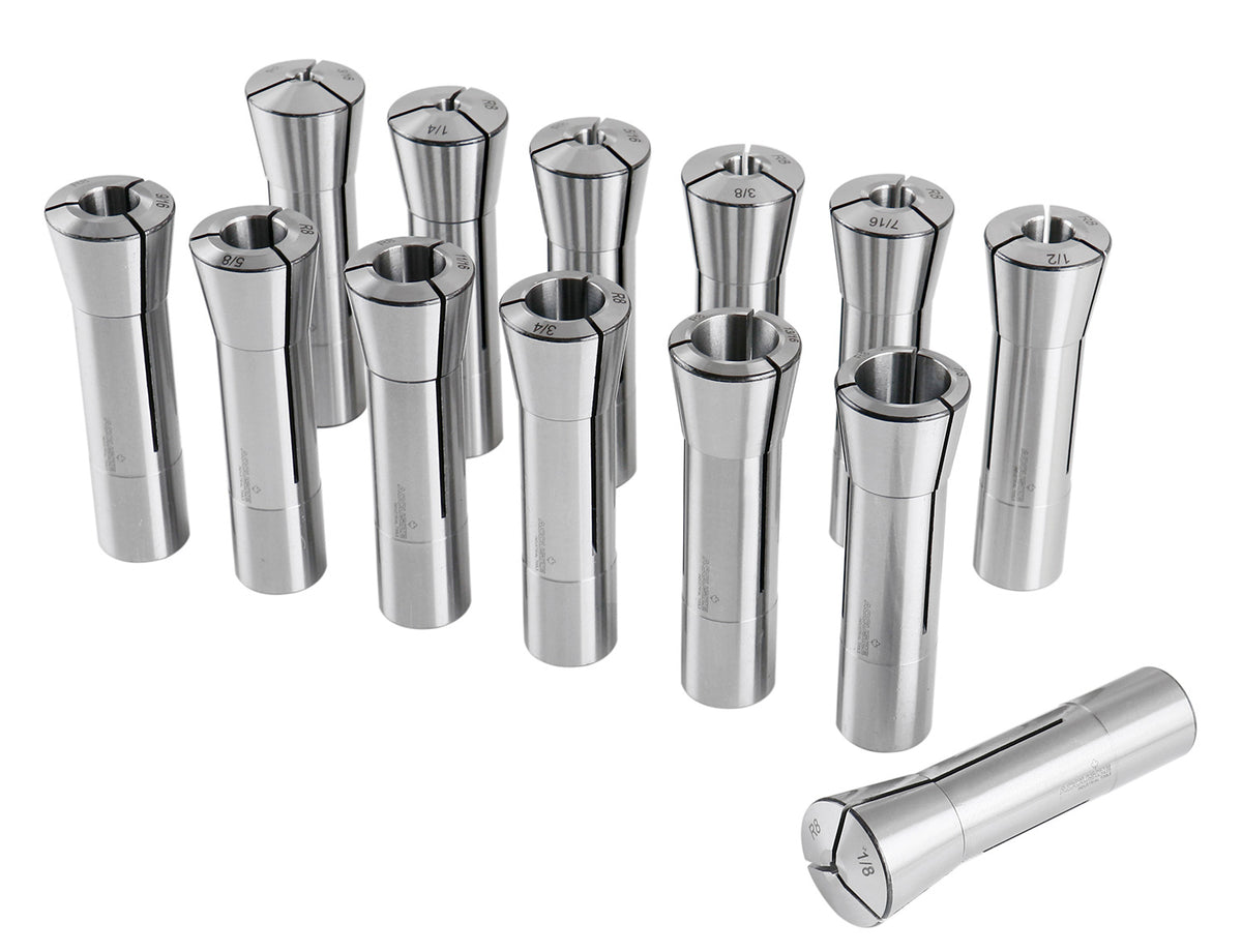 13 Pcs, 1/8-7/8'' by 16ths Precision Grade R8 Collets Hardened and Ground, 0200-0829