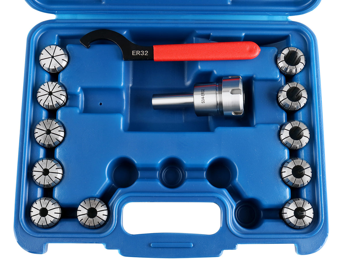 3/4‘’ Straight Shank Er32 Chuck with 11 Pcs Collets Kit, 1/8''-3/4'' by 16th, 0223-0305