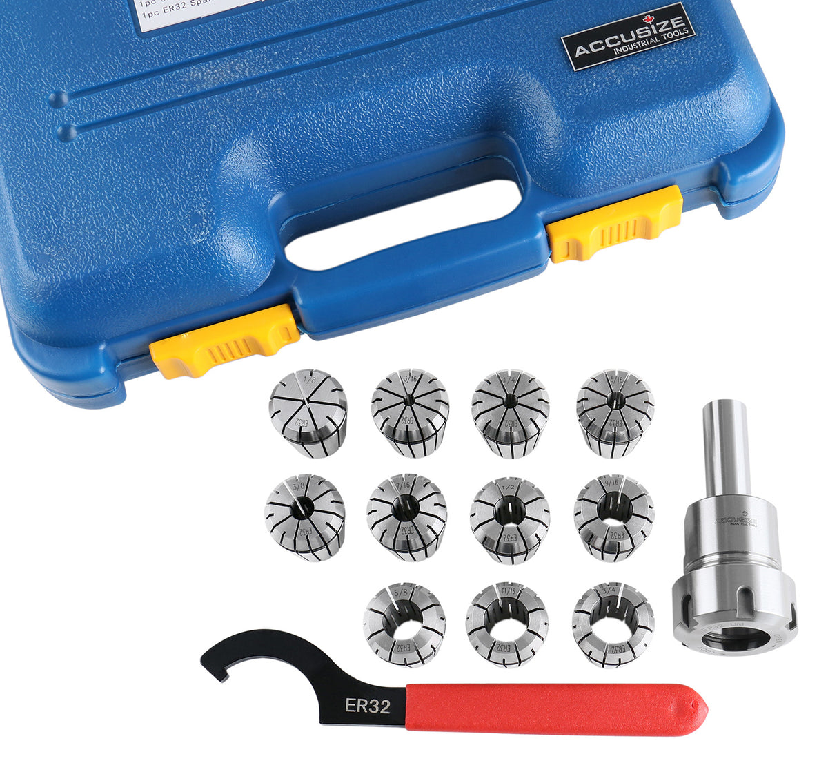 3/4‘’ Straight Shank Er32 Chuck with 11 Pcs Collets Kit, 1/8''-3/4'' by 16th, 0223-0305