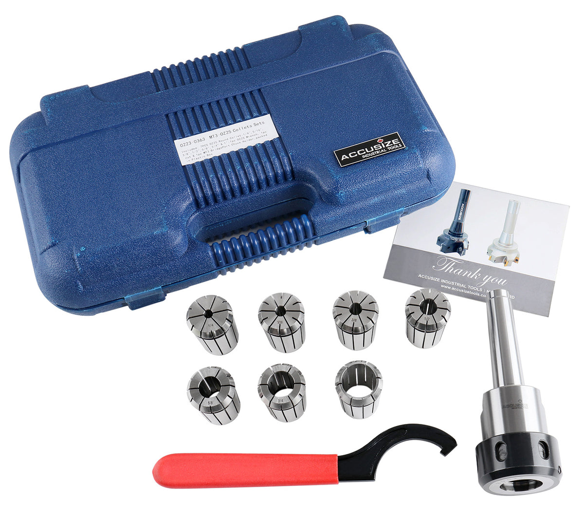 MT3-OZ25 Collet Set 7 Piece Set, 1/4 to 1 inch, 1 Morse Taper #3 Collet Chuck, 1 Spanner Wrench, 0223-0363