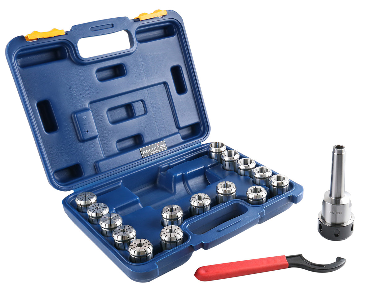 MT3-OZ25 Collet Set 15 Piece Set, 1/8 to 1 inch, 1 Morse Taper #3 Collet Chuck, 1 Spanner Wrench, 0223-0364