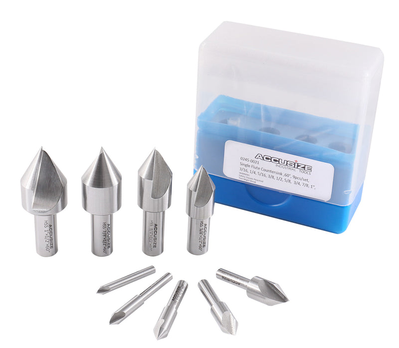 60 Degrees 9 Pc Single Flute H.S.S. Countersink Set, Ground, 0245-0021