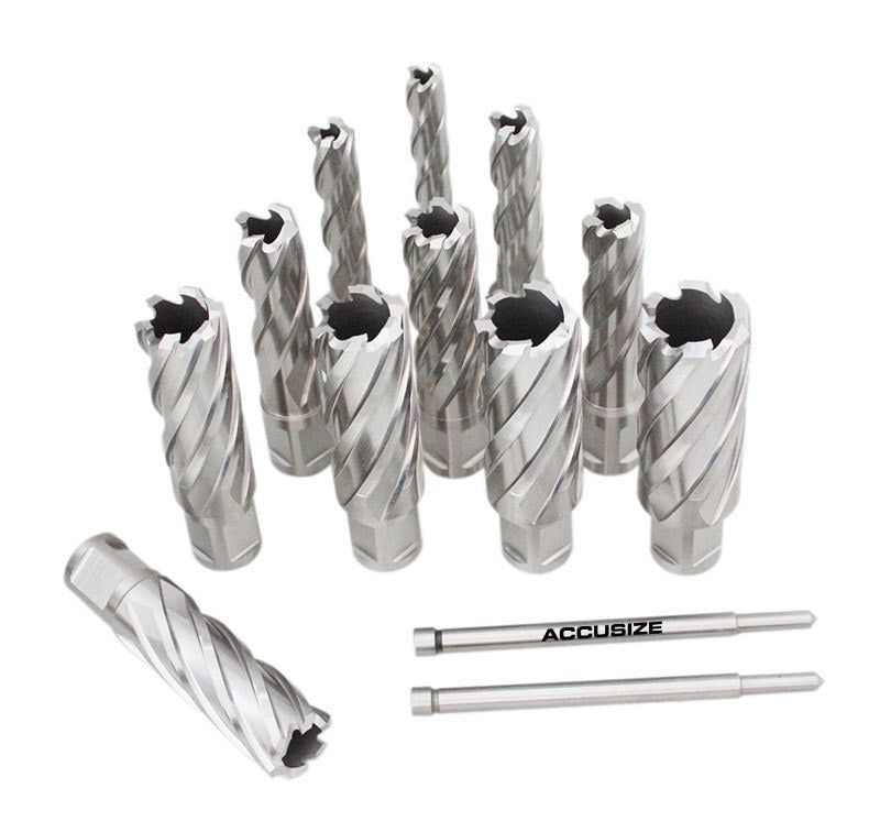 13 Pc/Set, 7/16" to 1-1/16" HSS Annular Cutters, 2" Cutting Depth with 2 Pilot Pins in Strong Plastic Box,