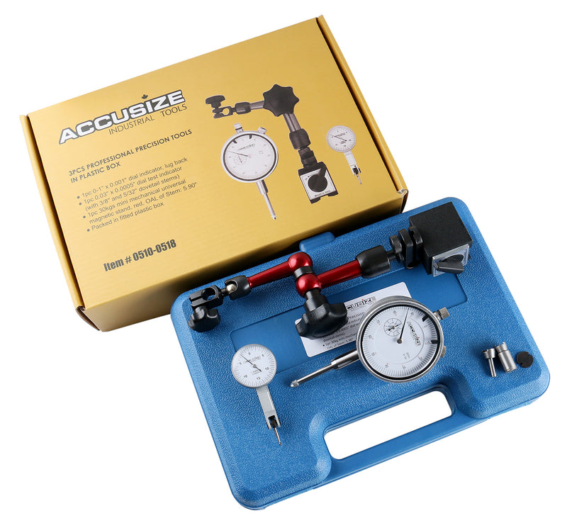 3pc Measuring Tools Set, 1" x 0.001" Dial Indicator, 0.03" x 0.0005" Dial Test Indicator & a 30kgs Mini Magnetic Base, Professional Combo, 0510-0518