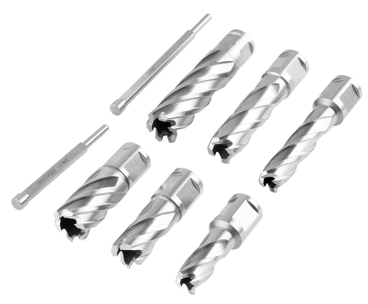 Slugger Cutter Set, 9/16", 11/13", & 13/16" Cut Dia, 1" & 2" Cut Depth, 3/4" Weldon Shank, 2 Pilot Pins, 8 Pcs, 0519-0002