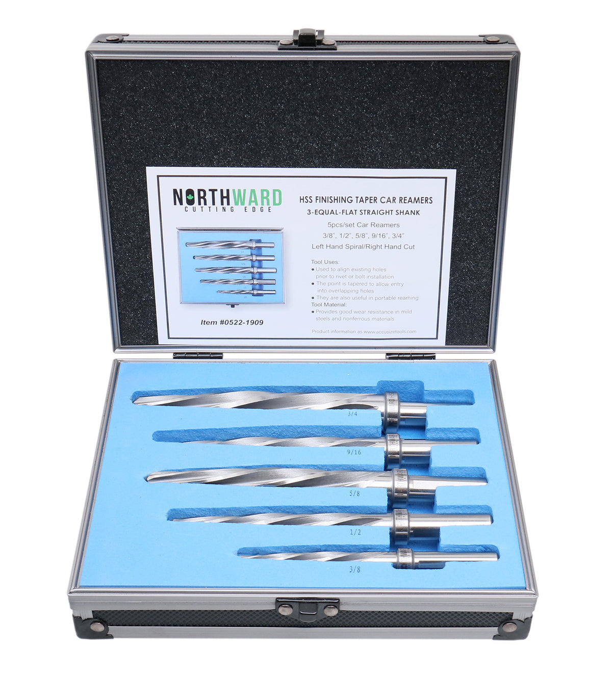 5 Pc H.S.S. Spiral Flute Super Premium Car Reamer Set, 3/8", 1/2", 9/16'', 5/8", 3/4" to Fit 3/8" or 1/2'' Shank Chuck, Aluminum Case
