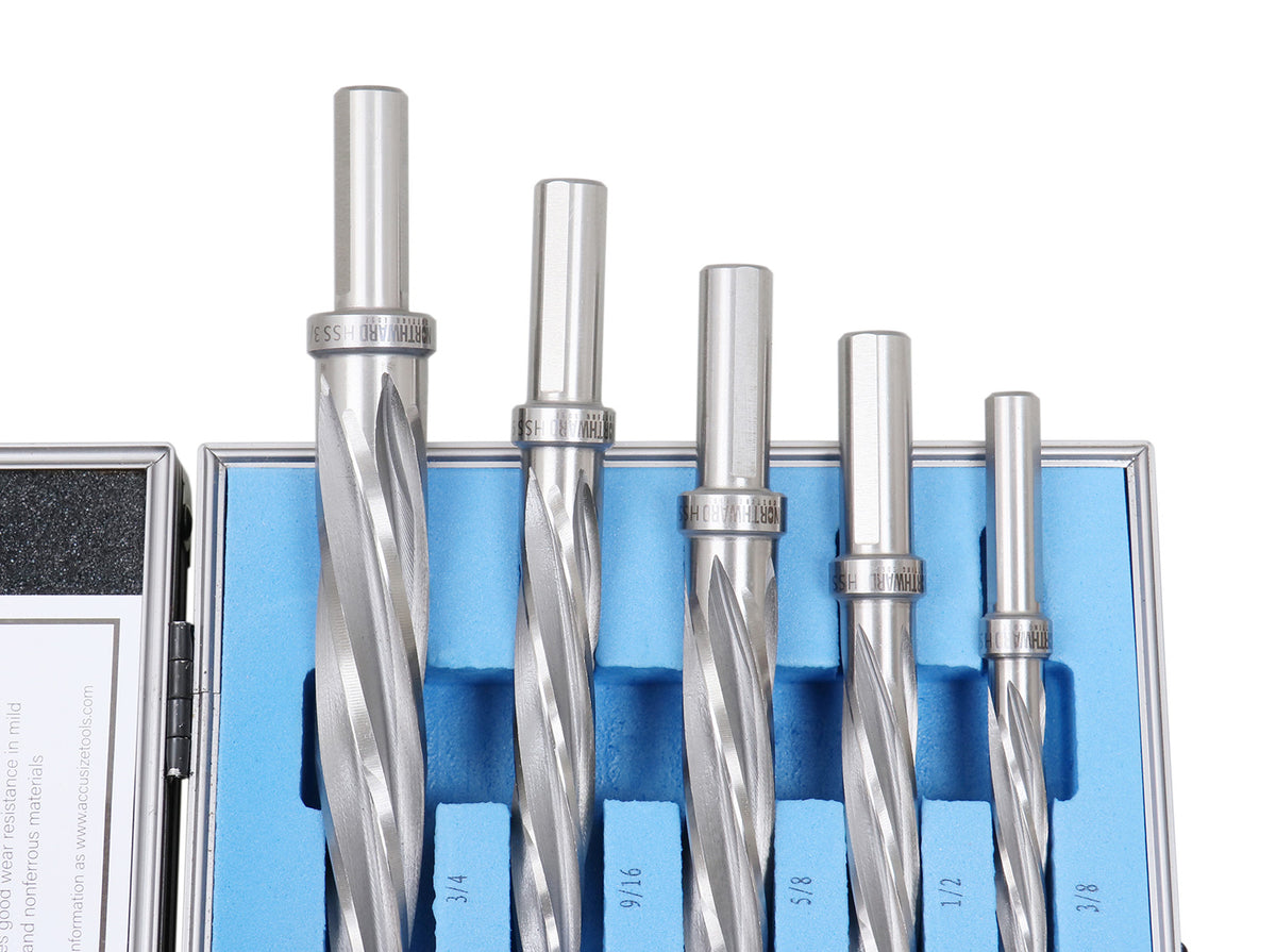 5 Pc H.S.S. Spiral Flute Super Premium Car Reamer Set, 3/8", 1/2", 9/16'', 5/8", 3/4" to Fit 3/8" or 1/2'' Shank Chuck, Aluminum Case