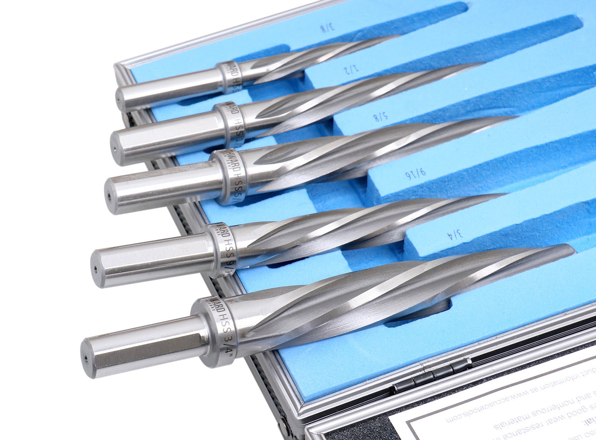 5 Pc H.S.S. Spiral Flute Super Premium Car Reamer Set, 3/8", 1/2", 9/16'', 5/8", 3/4" to Fit 3/8" or 1/2'' Shank Chuck, Aluminum Case