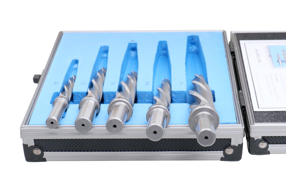 5 Pc H.S.S. Spiral Flute Super Premium Car Reamer Set, 3/8", 1/2", 9/16'', 5/8", 3/4" to Fit 3/8" or 1/2'' Shank Chuck, Aluminum Case