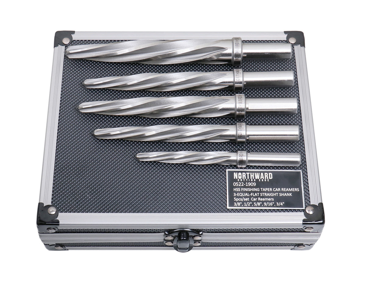 5 Pc H.S.S. Spiral Flute Super Premium Car Reamer Set, 3/8", 1/2", 9/16'', 5/8", 3/4" to Fit 3/8" or 1/2'' Shank Chuck, Aluminum Case