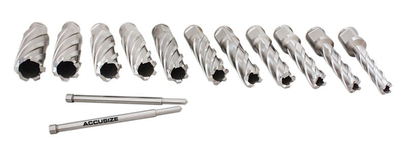 13 Pc/Set, 7/16 po à 1-1/16 po HSS, profondeur de coupe de 2" avec 2 goupilles pilotes dans une boîte en plastique solide, #N2
