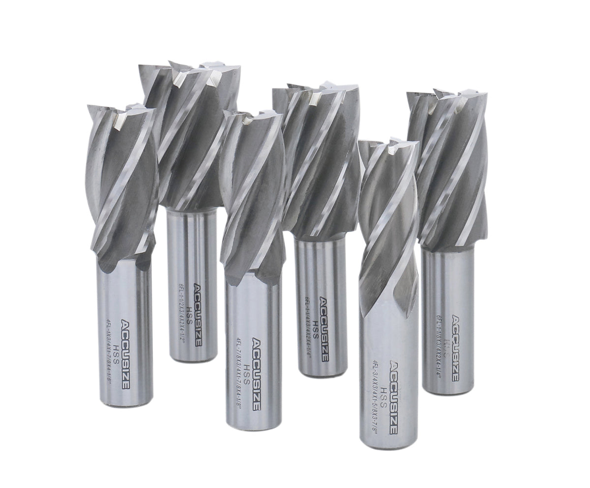 6 Pc Multi Flute Bridgeport H.S.S. End Mills Set, 3/4'' Shank, 4 and 6 Flute, Cutting Dia from 3/4'' to 1-1/2'', 1822-0206