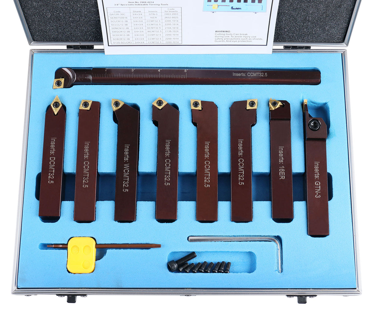 3/4" 9 Pieces/Set, Indexable Carbide Turning Tools and Boring Bar, 2988-0034