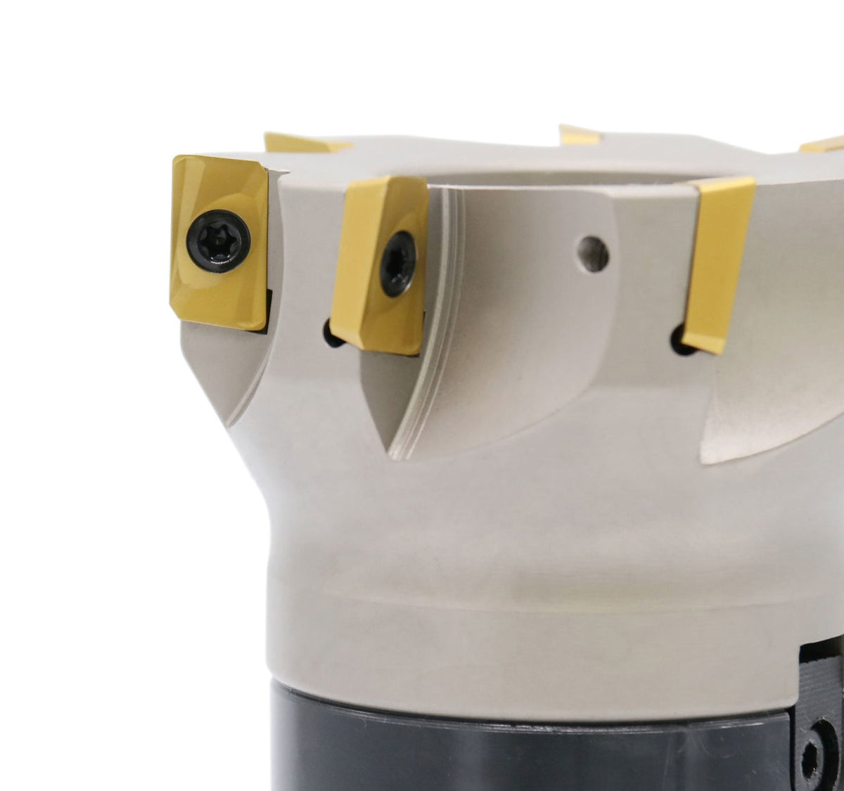 3" Dia. 7 FLute, 90° Square Shoulder Indexable Face Mill with 7pc APKT1604 Inserts Installed with Caterpillar V-Flange CAT-40 Face Mill Holder, #7104-4518