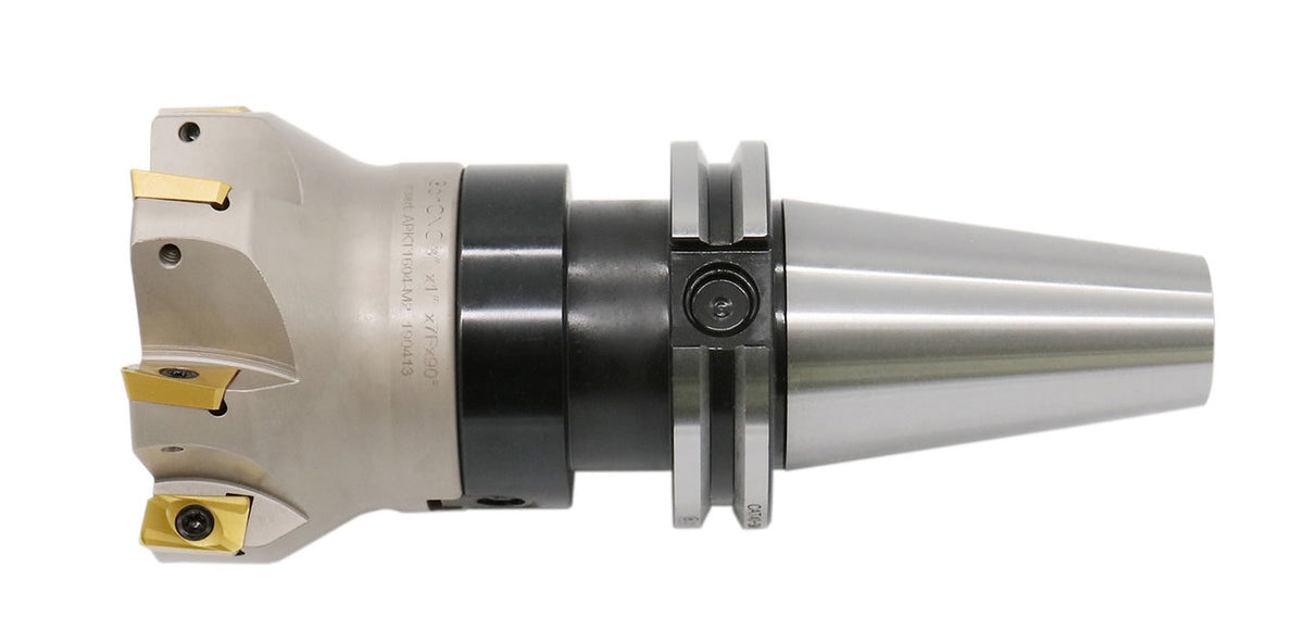 3" Dia. 7 FLute, 90° Square Shoulder Indexable Face Mill with 7pc APKT1604 Inserts Installed with Caterpillar V-Flange CAT-40 Face Mill Holder, #7104-4518