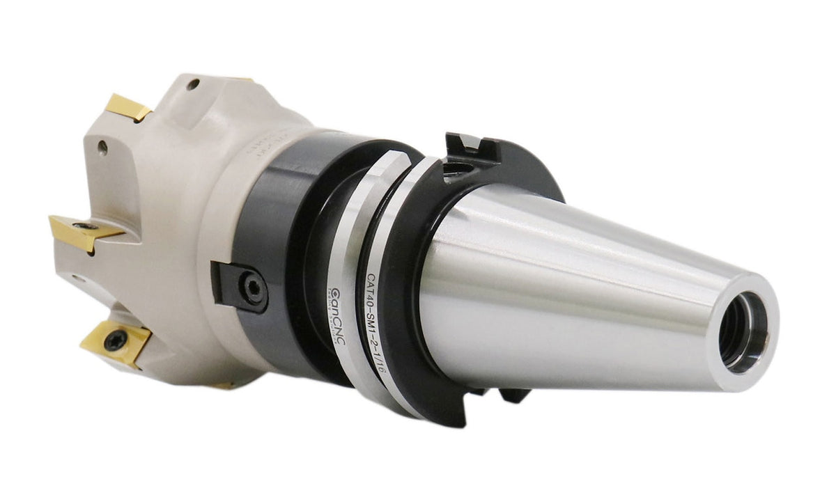 3" Dia. 7 FLute, 90° Square Shoulder Indexable Face Mill with 7pc APKT1604 Inserts Installed with Caterpillar V-Flange CAT-40 Face Mill Holder, #7104-4518