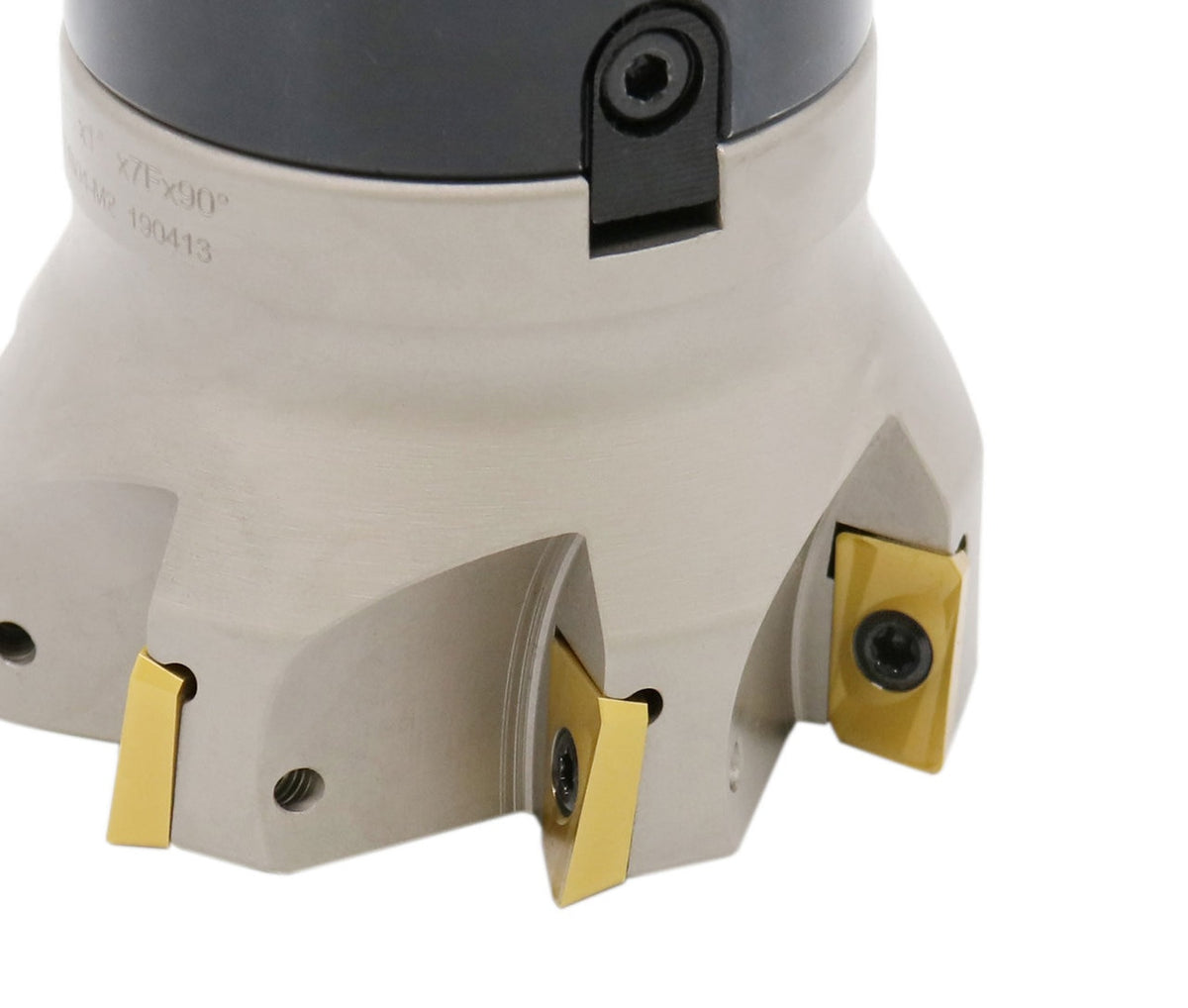 3" Dia. 7 FLute, 90° Square Shoulder Indexable Face Mill with 7pc APKT1604 Inserts Installed with Caterpillar V-Flange CAT-40 Face Mill Holder, #7104-4518