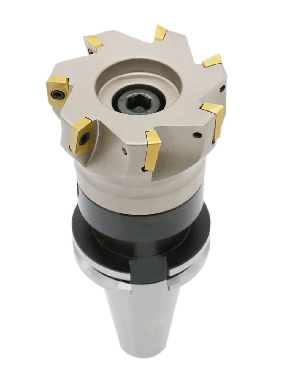 3" Dia. 7 FLute, 90° Square Shoulder Indexable Face Mill with 7pc APKT1604 Inserts Installed with Caterpillar V-Flange CAT-40 Face Mill Holder, #7104-4518