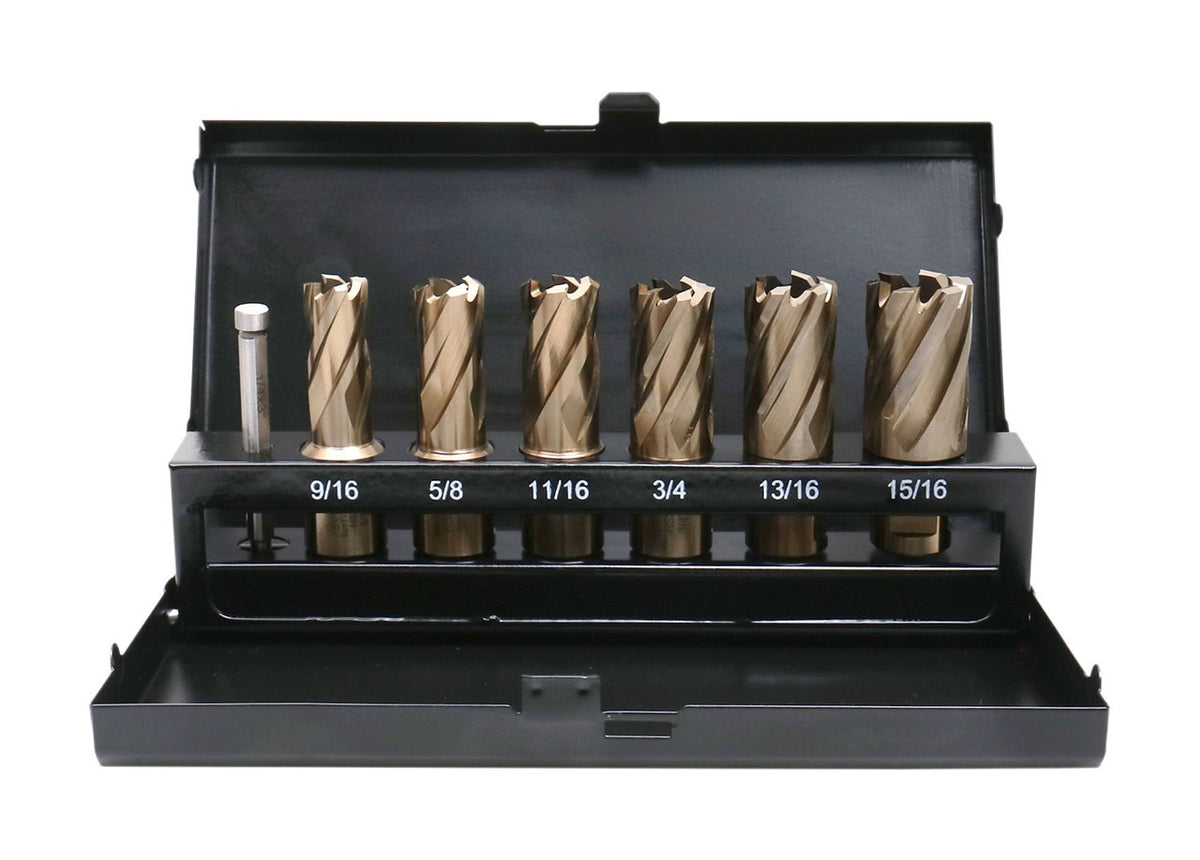 Jeu de 7 couteaux annulaires M35 (H.S.S. plus 5 % de cobalt), 9/16 po à 15/16 po, tige Weldon 3/4", profondeur de coupe de 1 po, 1 pince pilote, #AC01 -1000