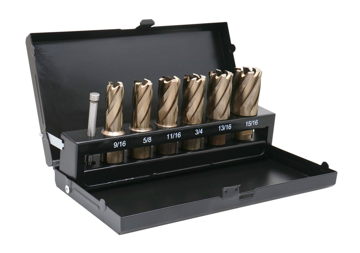 Jeu de 7 couteaux annulaires M35 (H.S.S. plus 5 % de cobalt), 9/16 po à 15/16 po, tige Weldon 3/4", profondeur de coupe de 1 po, 1 pince pilote, #AC01 -1000