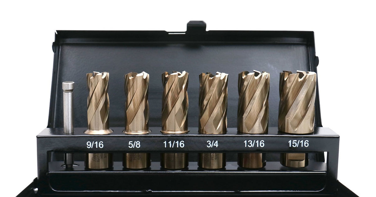 Jeu de 7 couteaux annulaires M35 (H.S.S. plus 5 % de cobalt), 9/16 po à 15/16 po, tige Weldon 3/4", profondeur de coupe de 1 po, 1 pince pilote, #AC01 -1000