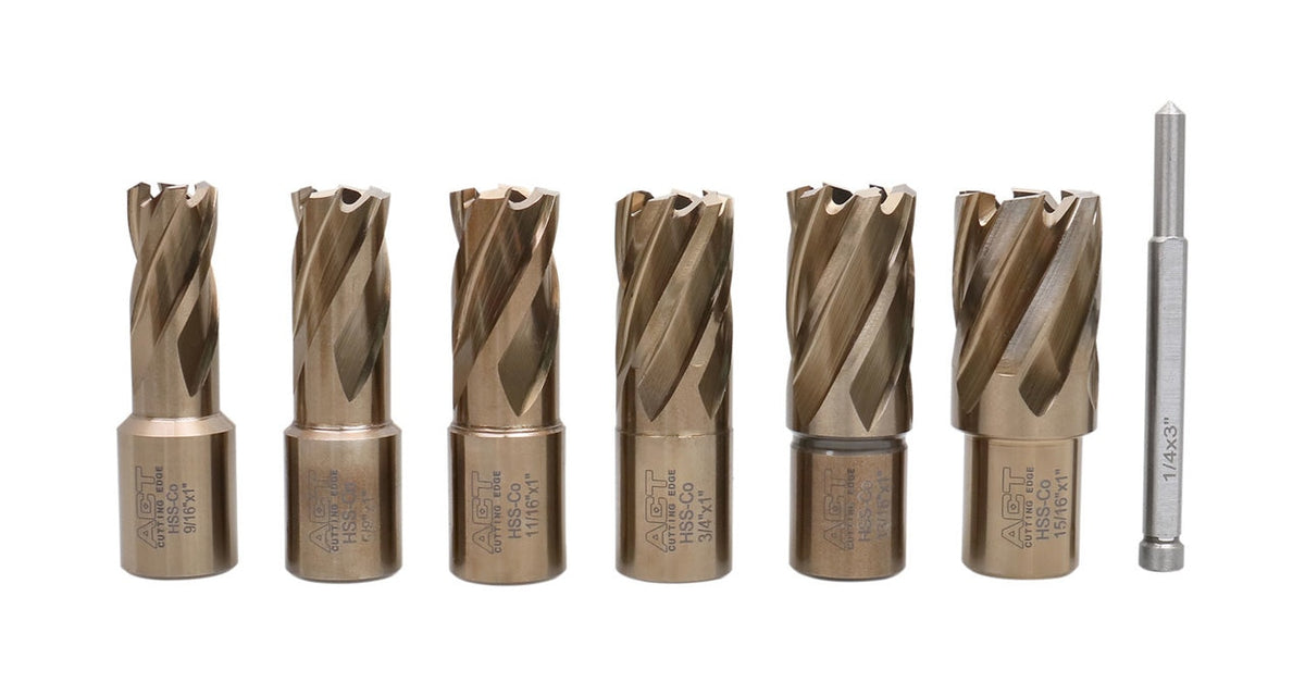 Jeu de 7 couteaux annulaires M35 (H.S.S. plus 5 % de cobalt), 9/16 po à 15/16 po, tige Weldon 3/4", profondeur de coupe de 1 po, 1 pince pilote, #AC01 -1000