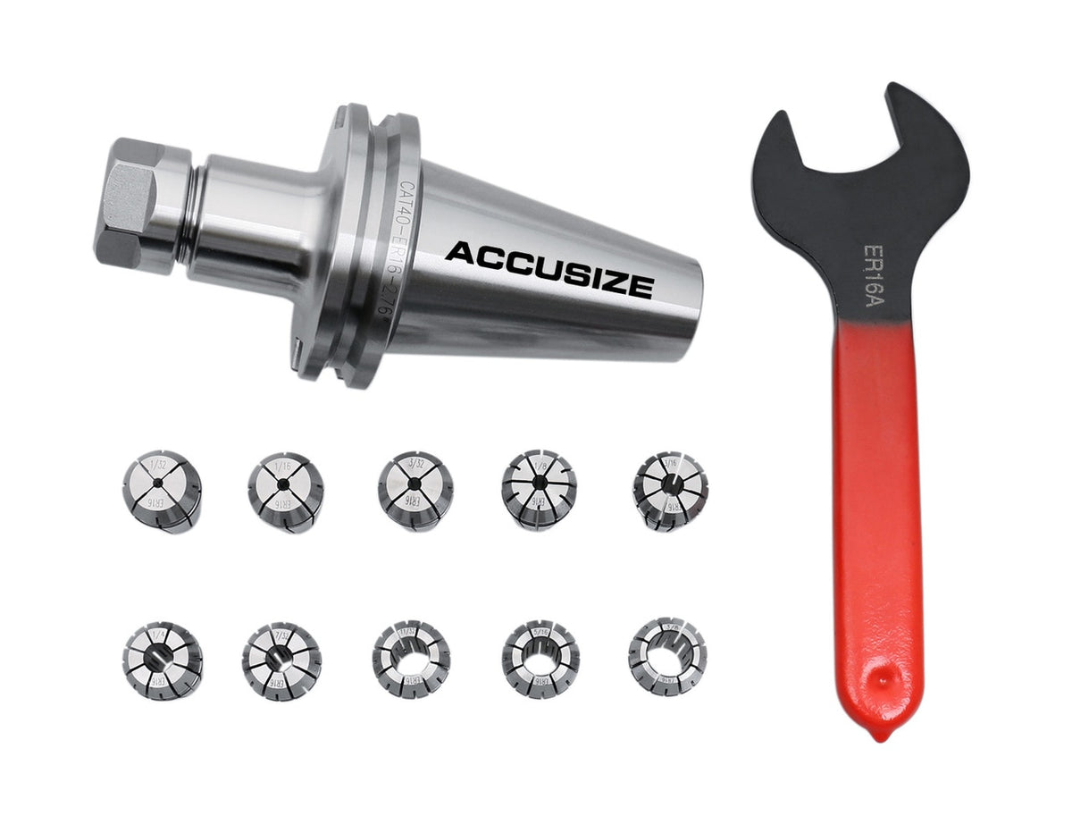 1/32" to 3/8" 10 Pc ER16 Collets + CAT40 Shank + Wrench in Fitted Strong Box, #CT40-ER16