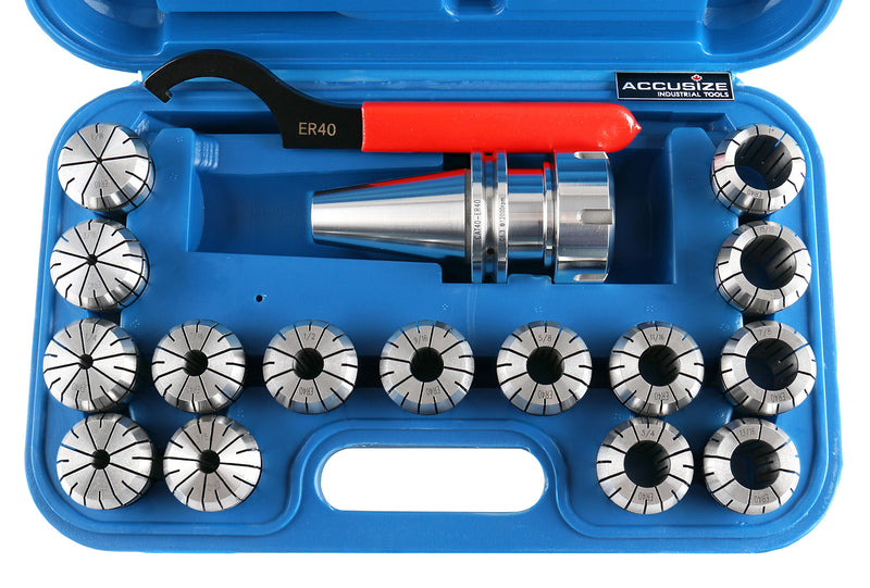 Cat40 Shank and 15 Pc Er40 Collet Set with Wrench in Fitted Strong Box, 1/8 to 1 inch, Ct40-Er40